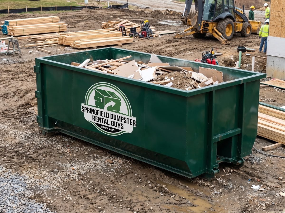 Heavy-duty green roll-off dumpster on a Springfield, MO construction job site