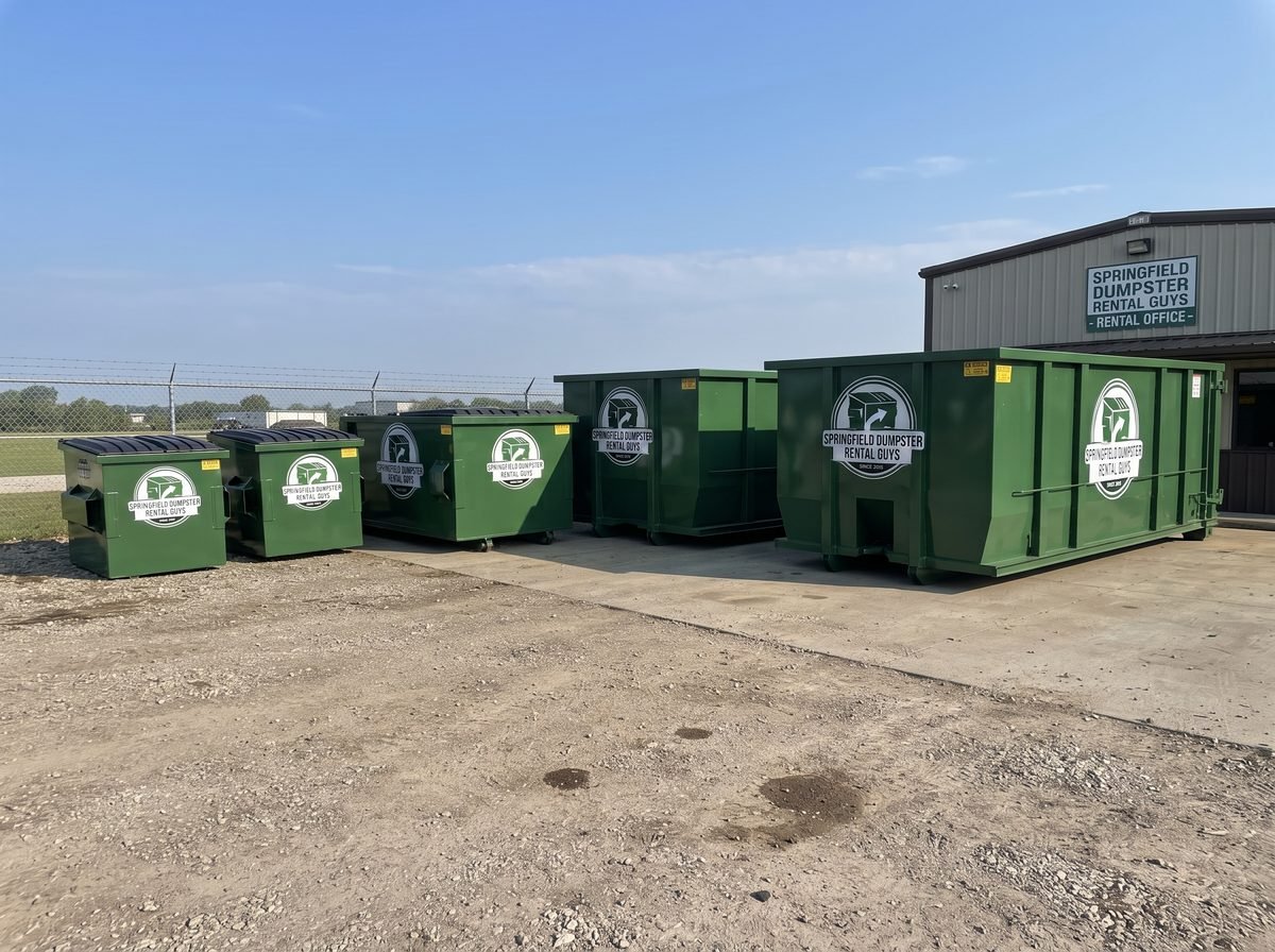 Green roll-off dumpster delivered to a home in Ozark, MO by Springfield Dumpster Rental Guys